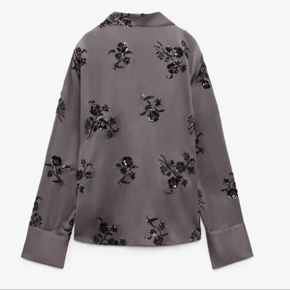 ⛔️ PENDING SALE⛔️ZARA SEQUIN EMBROIDERED WRAPBLOUSE MINK 2731/281/191/021 - Picture 11 of 12